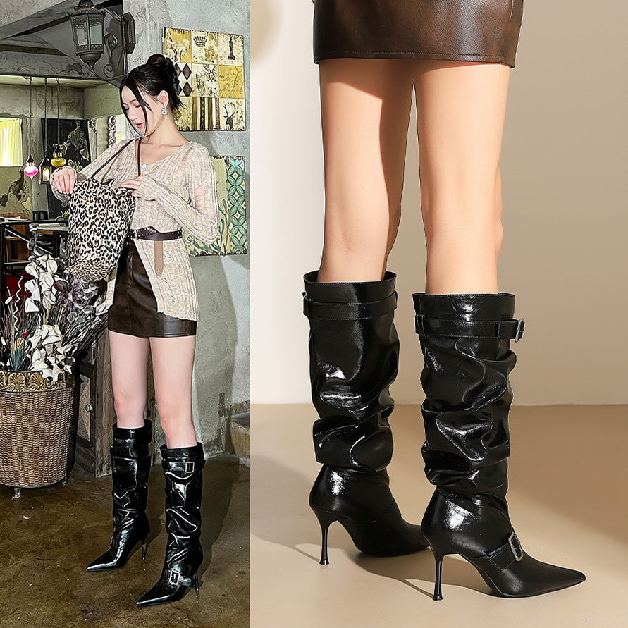 Women's Knee Pointed Toe Pleated Belt Buckle Pile Style Women's Leather Boots