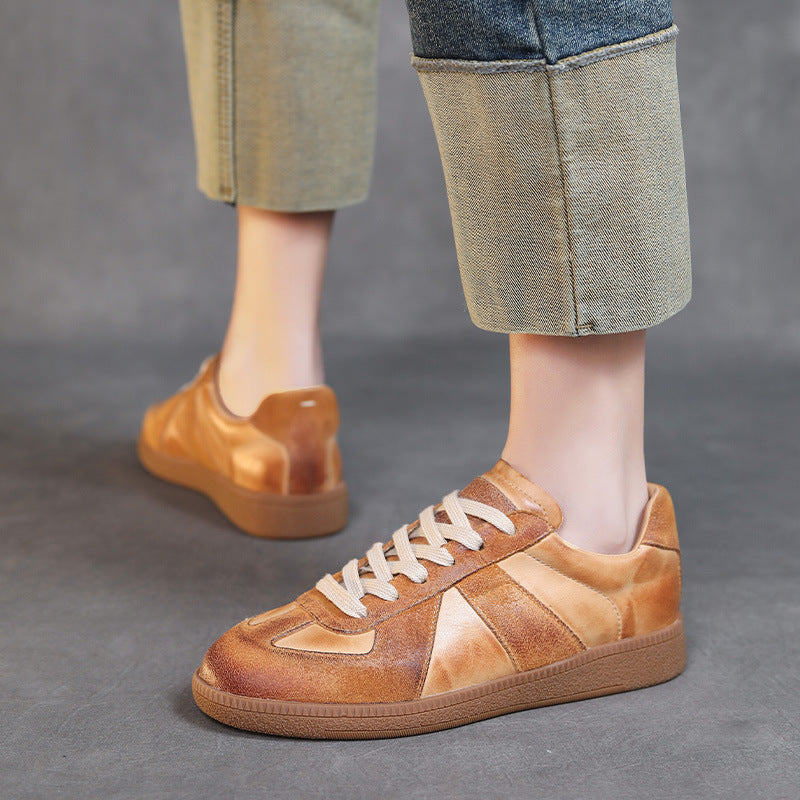 Layer Cowhide Handmade Retro German Training Round Toe Women's Sports Shoes