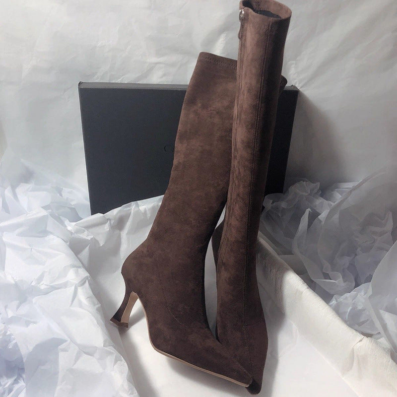 Men's Simple Below The Knee Stretch Frosted Skinny Side Zipper Pointed Women's Leather Boots