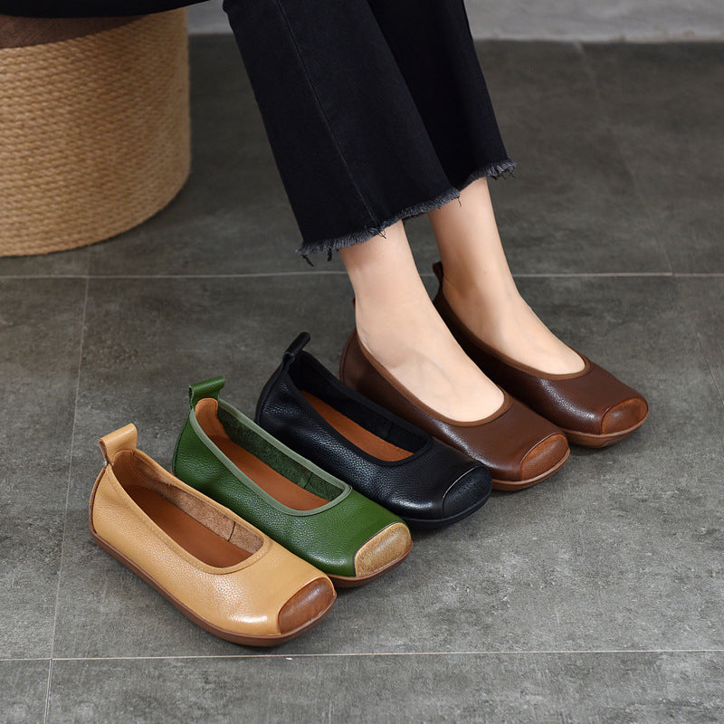 Women's Retro Artistic Square Toe Shallow Mouth Leather Shoes