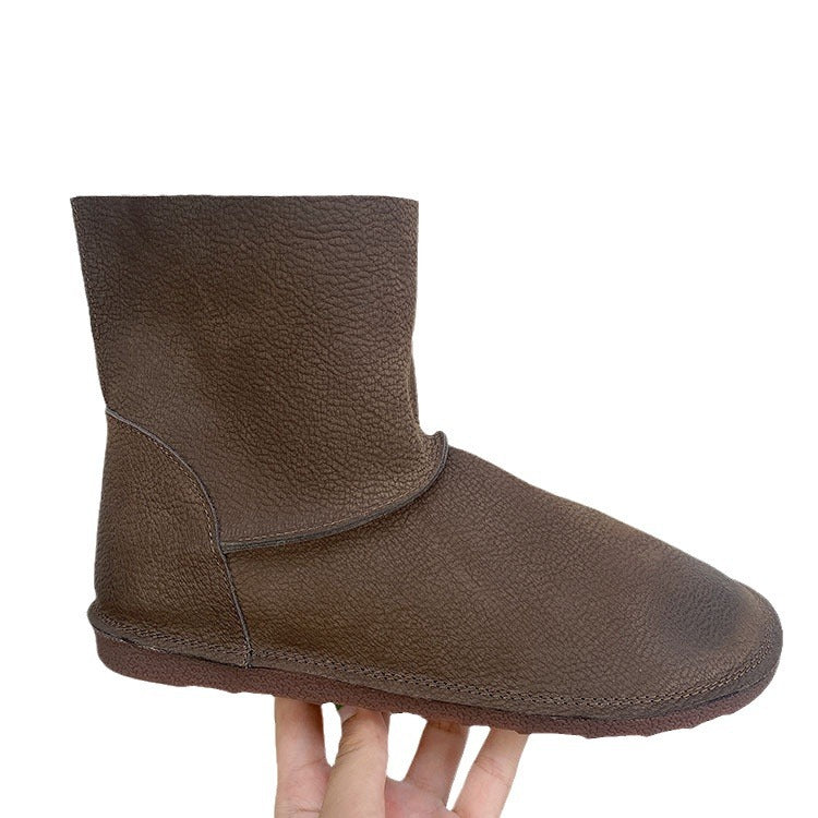 Autumn Solid Color Round Toe Top Layer Cowhide Slip-on Flat Boots