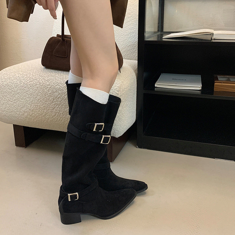 Below The Knee Pointed Toe Knight Chunky High Fashion Women's Leather Boots