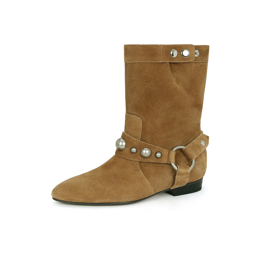 Women's Tube Western Cowboy Pointed Thin Ankle Short Pile Style Flat Boots