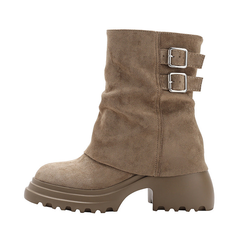 Women's Small Size Western Denim Riding Height Increasing Insole Platform Pleated Women's Leather Boots