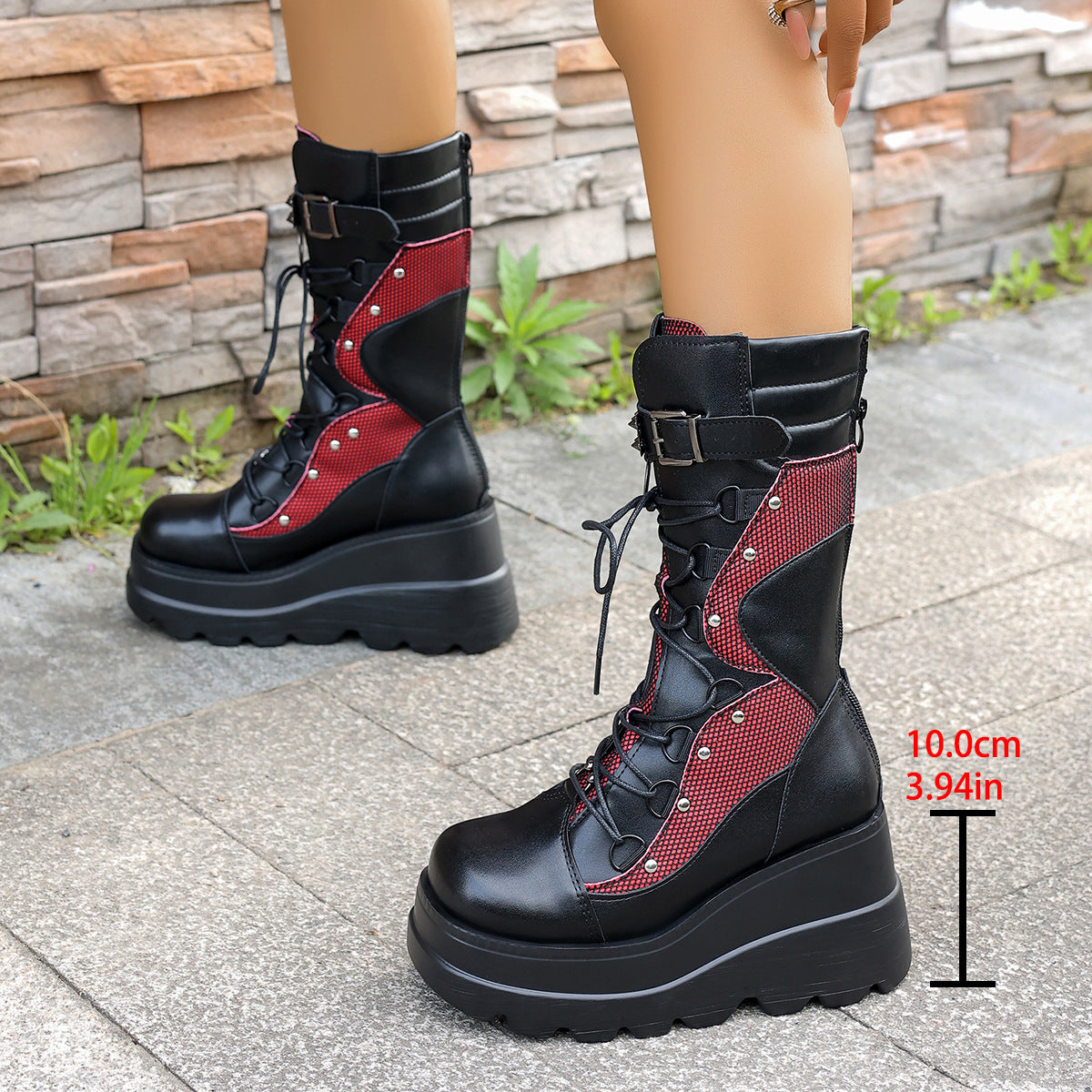 Buckle Strap Thick Bottom Gothic Wedge High Female Women's Leather Boots