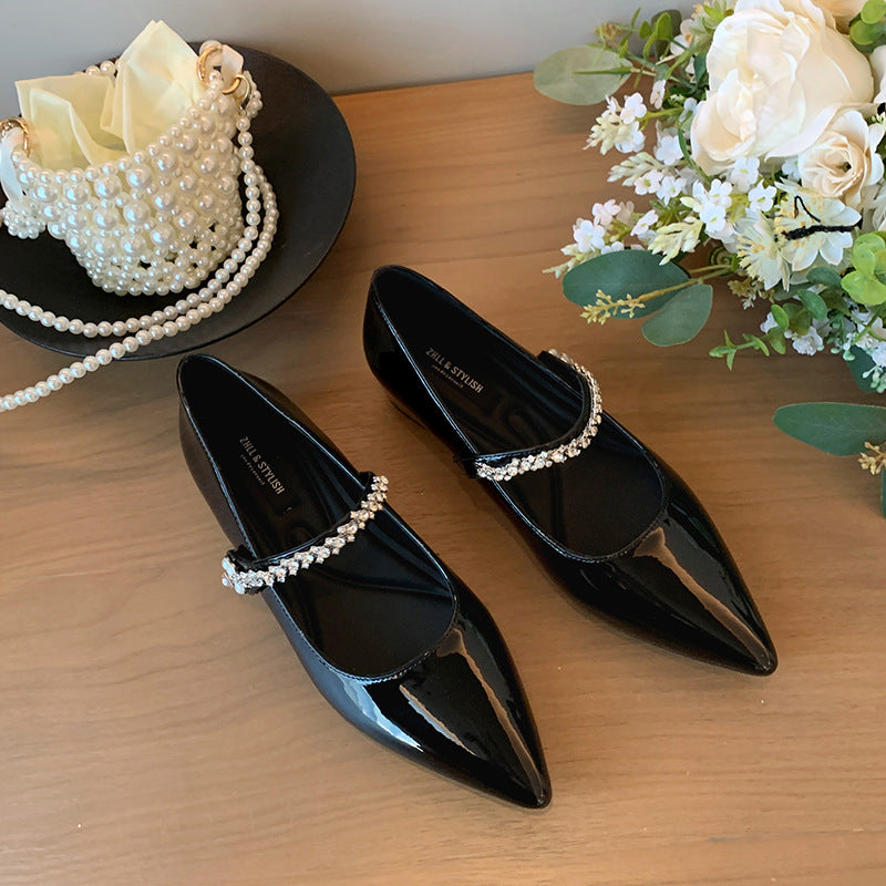 Women's Korean Style Pointed Toe Rhinestone Mary Jane Low-cut Flat Wide Men's Shoes