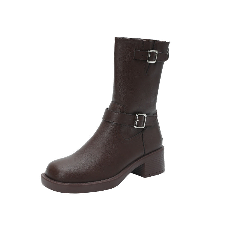 Women's Western Cowboy Brown Martin Tube Chunky Knight Women's Leather Boots