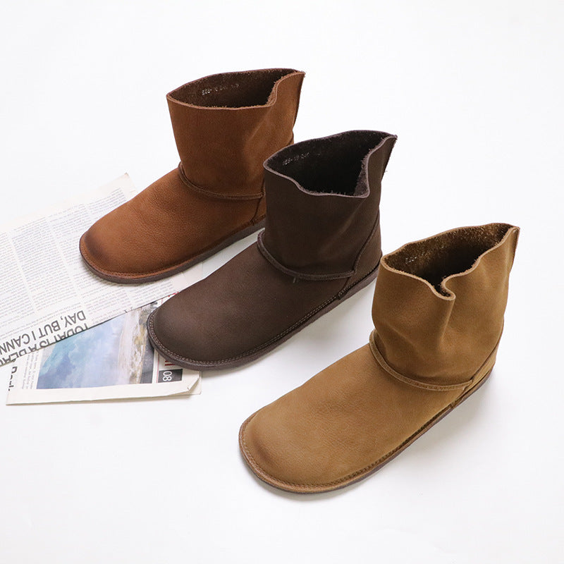 Autumn Solid Color Round Toe Top Layer Cowhide Slip-on Flat Boots