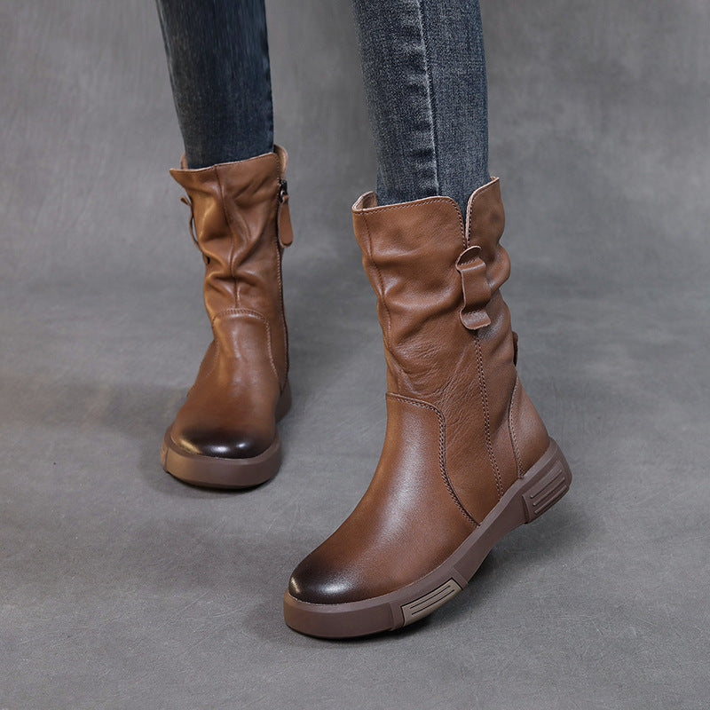 Women's Flat First Layer Cowhide Retro Round Boots
