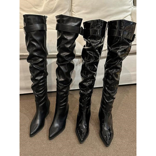 Over The Knee Large Tube Circumference Pile Style Pleated High Heels