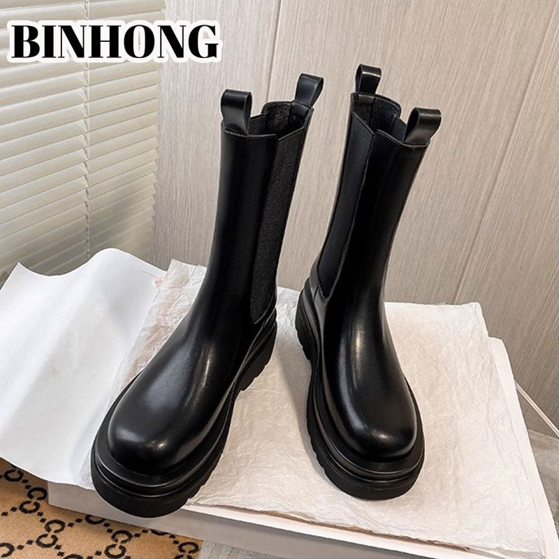 Women's Elevator Martin British Style Smoke Pipe Thick Women's Leather Boots