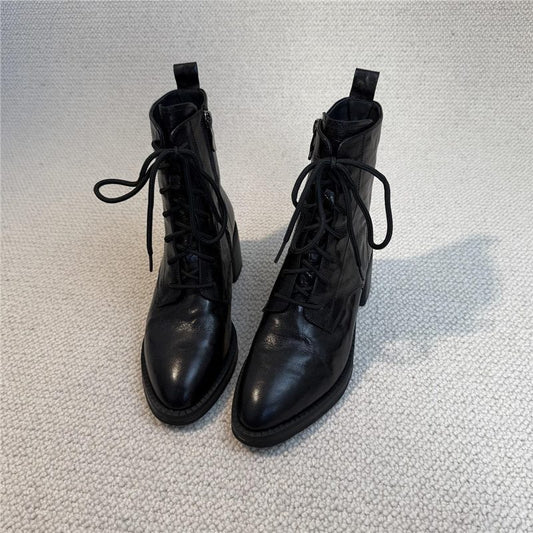 Women's Retro British Style Lace Martin Soft Chunky Short High Women's Leather Boots