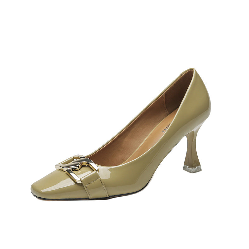 Women's Patent Spring Square Toe Stiletto Low Mouth Daily Commute Heels