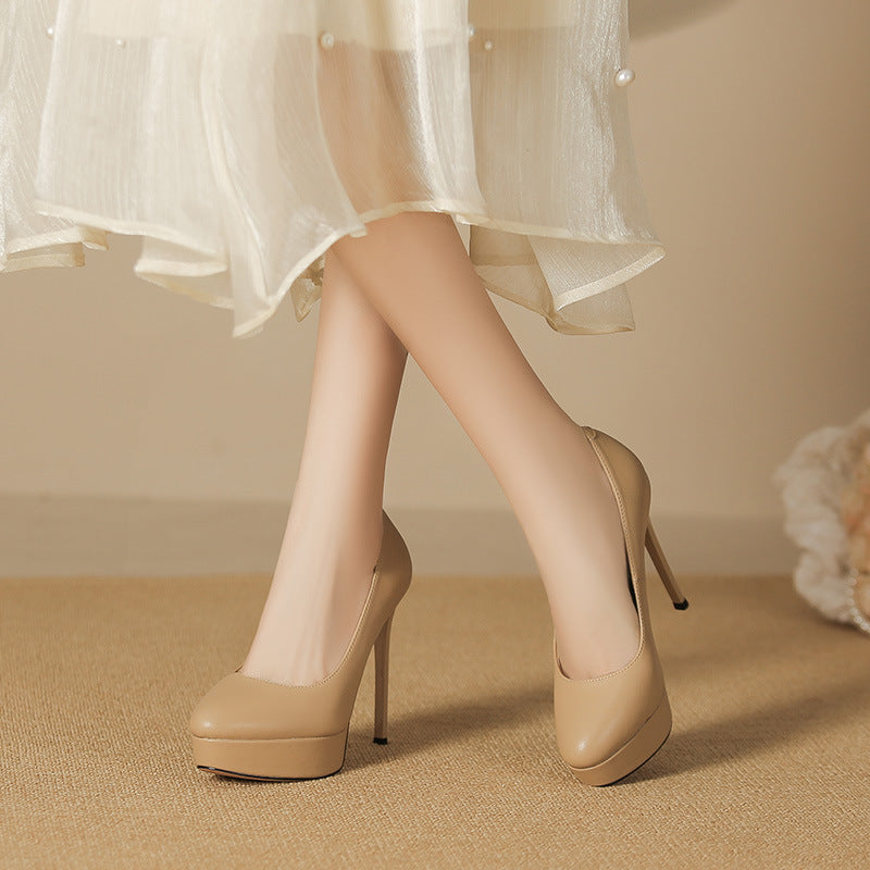 Women's Sexy Waterproof Platform High Not Tired Feet Temperament Round Toe Heels