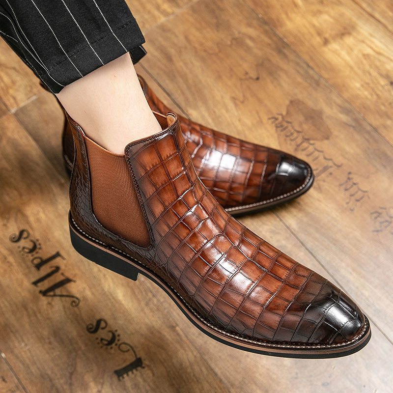 Men's Chelsea Pointed British Crocodile Pattern Ankle Fleece-lined Boots