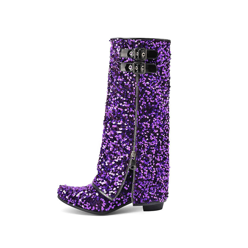Women's Sequined Zipper Assorted Colors Low High Women's Leather Boots