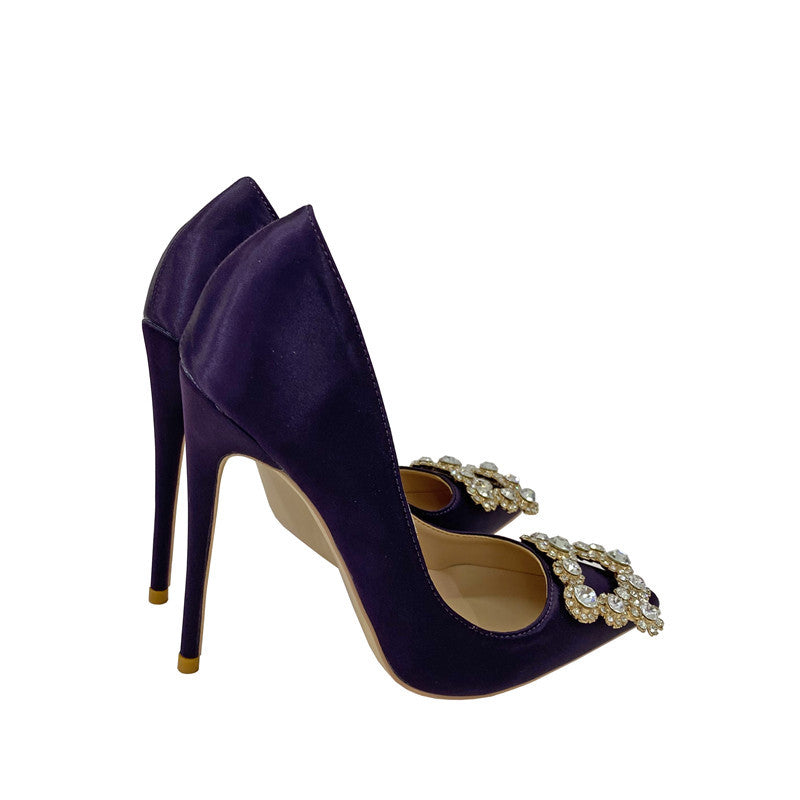 Women's Square Buckle High Pointed Stiletto Low-cut Pumps Red Women's Fashion Shoes