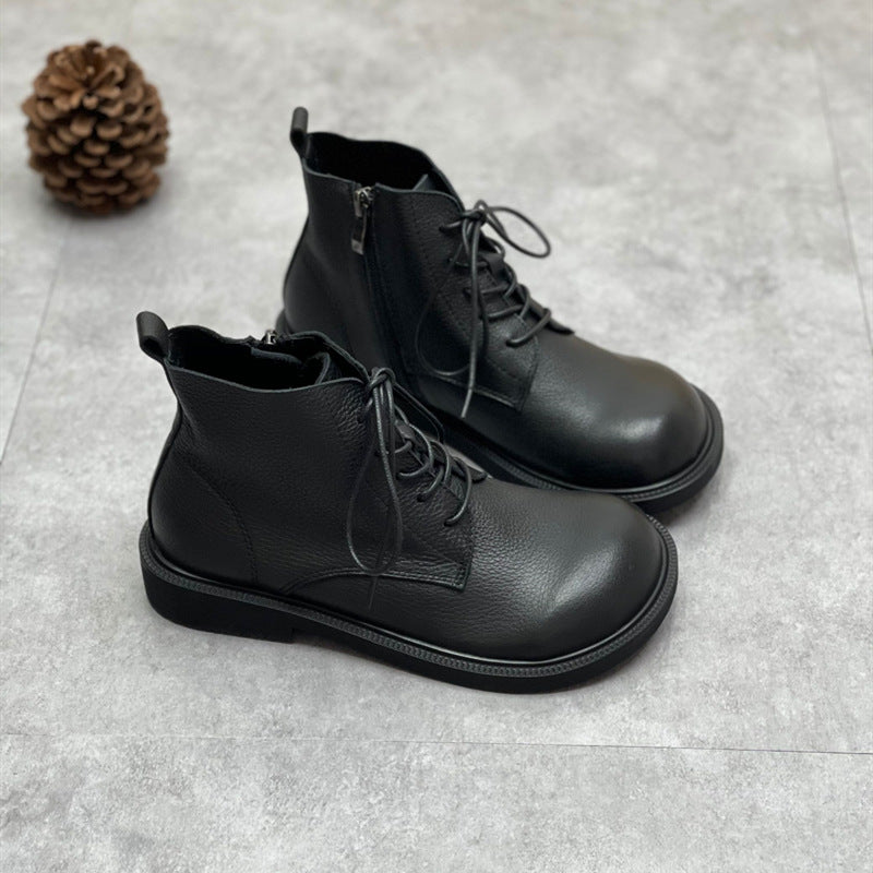 Women's Doll Head Artistic Retro Soft Bottom Side Zipper Women's Leather Boots