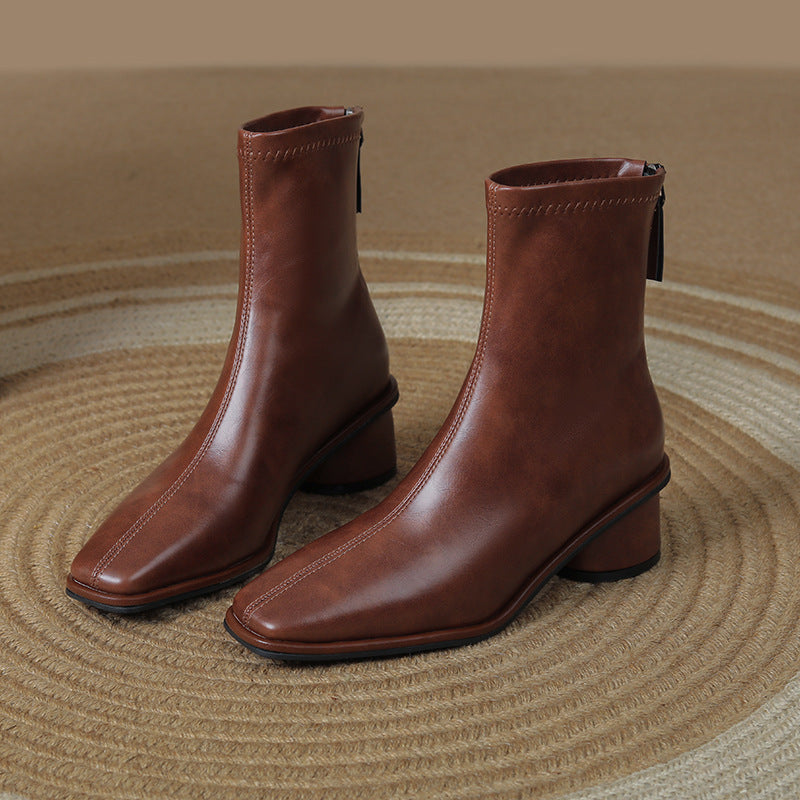 Women's High-grade Square Toe Booties Soft Bottom Fashion Chunky Chelsea Women's Leather Boots
