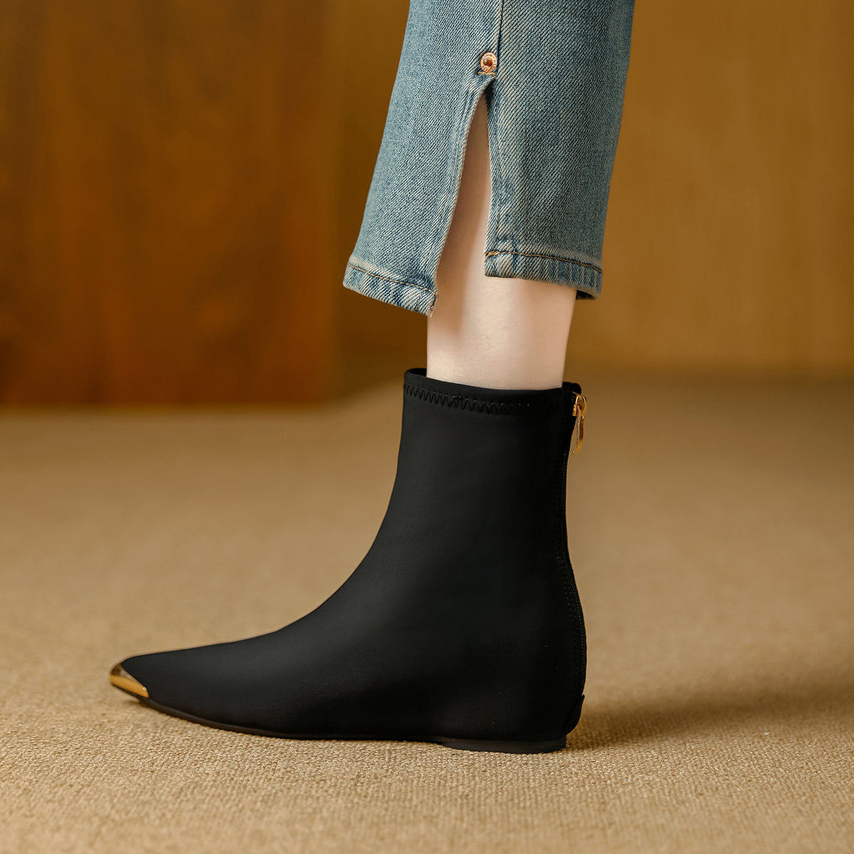 Height Increasing Female Metal Pointed Toe Stretch Thin Women's Leather Boots