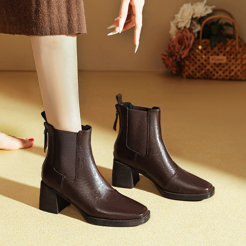 Women's High Winter Chunky Brown Mid Fashion Square Boots