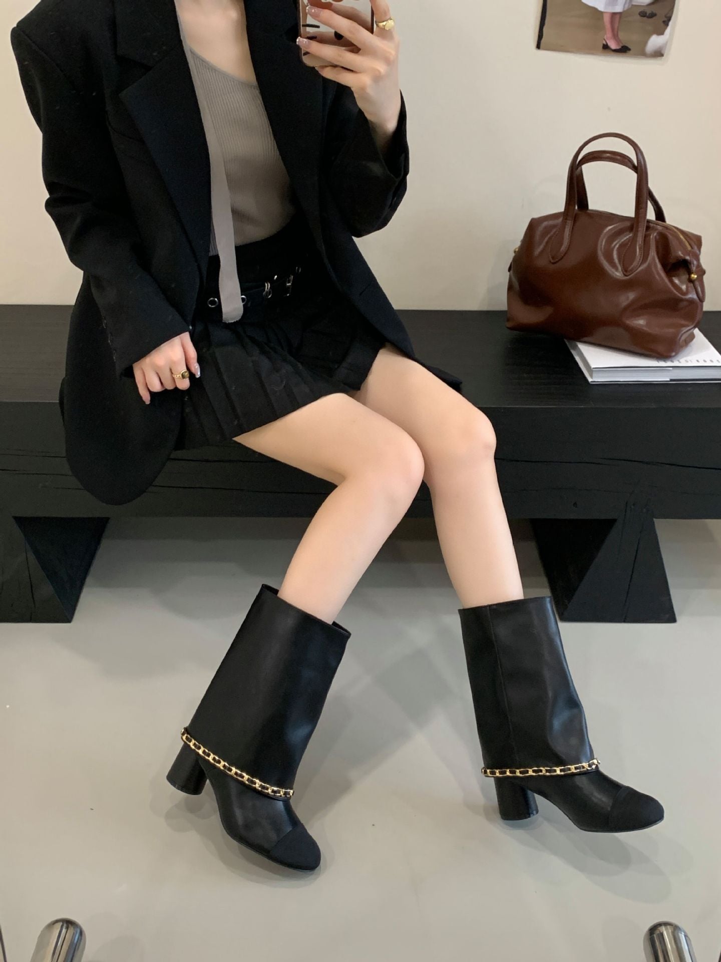 Classic Style Pantyhose Round Toe Thick Stitching Sleeve High Women's Leather Boots