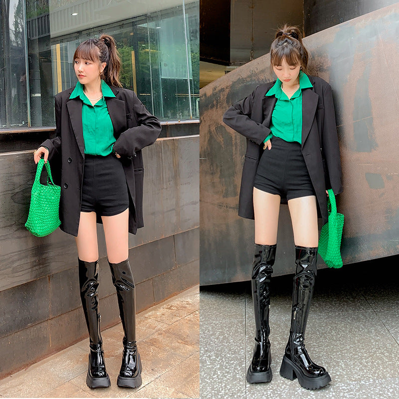 Small Stretch Female Height Increasing Patent Platform Waterproof Over Women's Leather Boots
