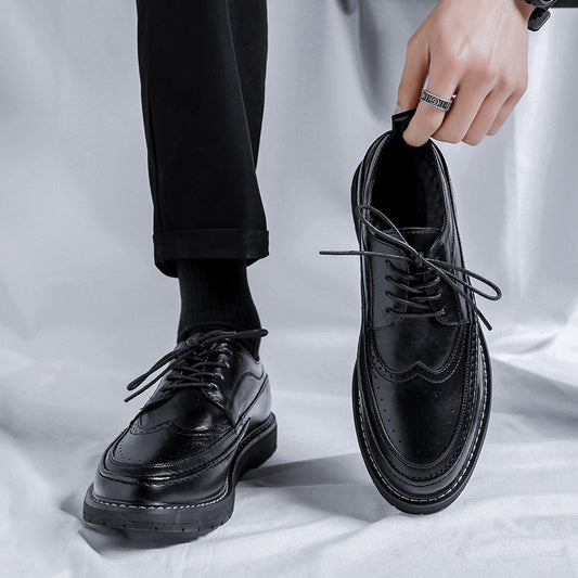 Men's Black Brogue Korean Style Trendy British Leather Shoes