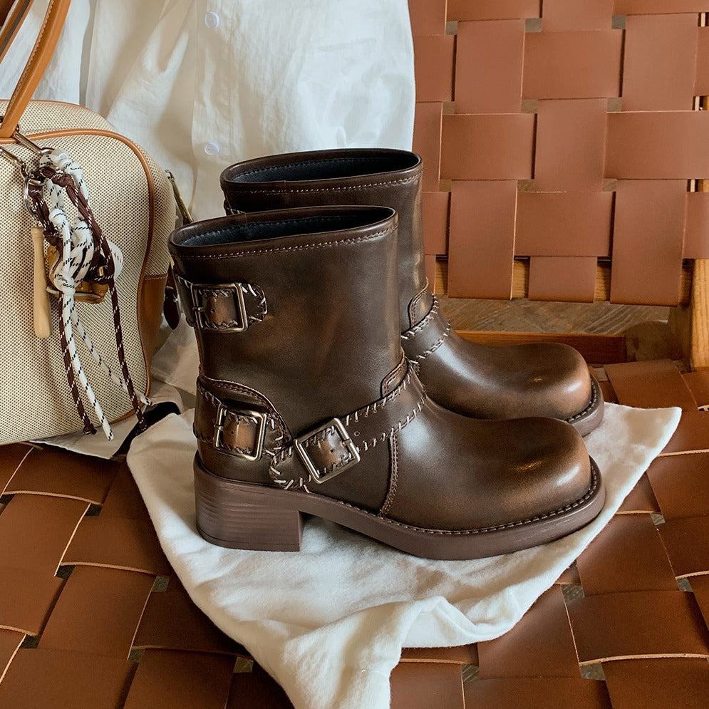 Version Grape Mom Retro Rub Colored Belt Buckle Distressed Chunky Heels