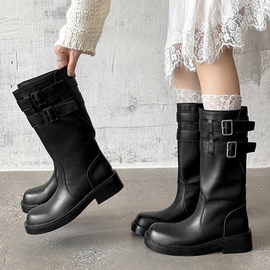 Retro Thin Motorcycle Pants Thick Bottom Chunky Double Breasted With Women's Leather Boots
