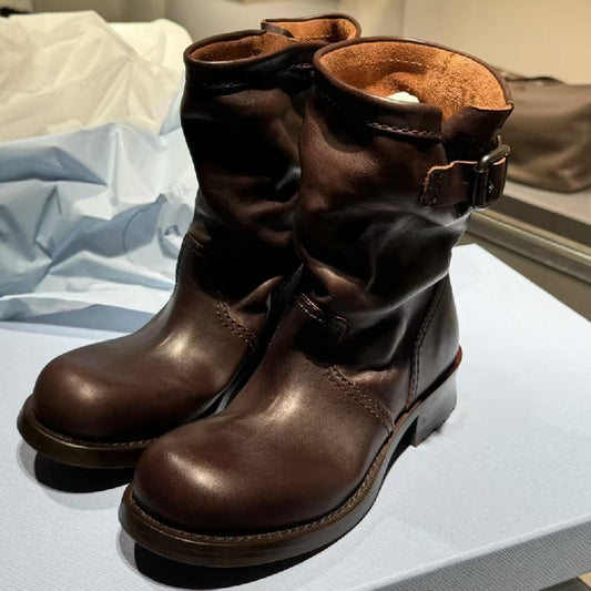 Women's Retro Handmade Pleated Martin Thick Bottom Chunky Women's Leather Boots