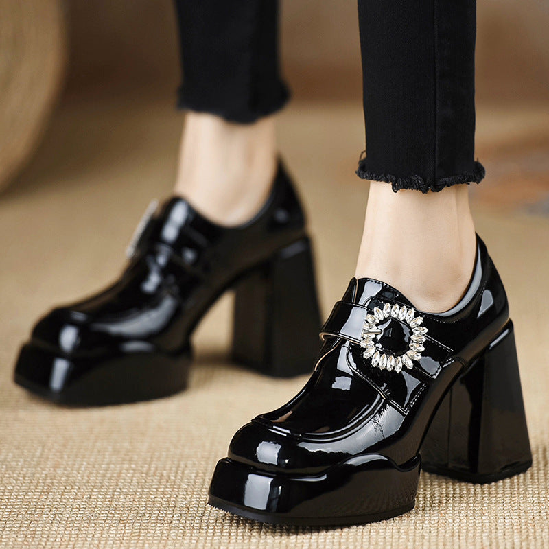 Women's British Style Vintage Patent Chunky Pumps Spring Women's Fashion Shoes