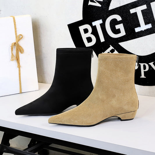 Women's French Style Small Sharp Point Skinny Suede Ankle Fashion Back Heels