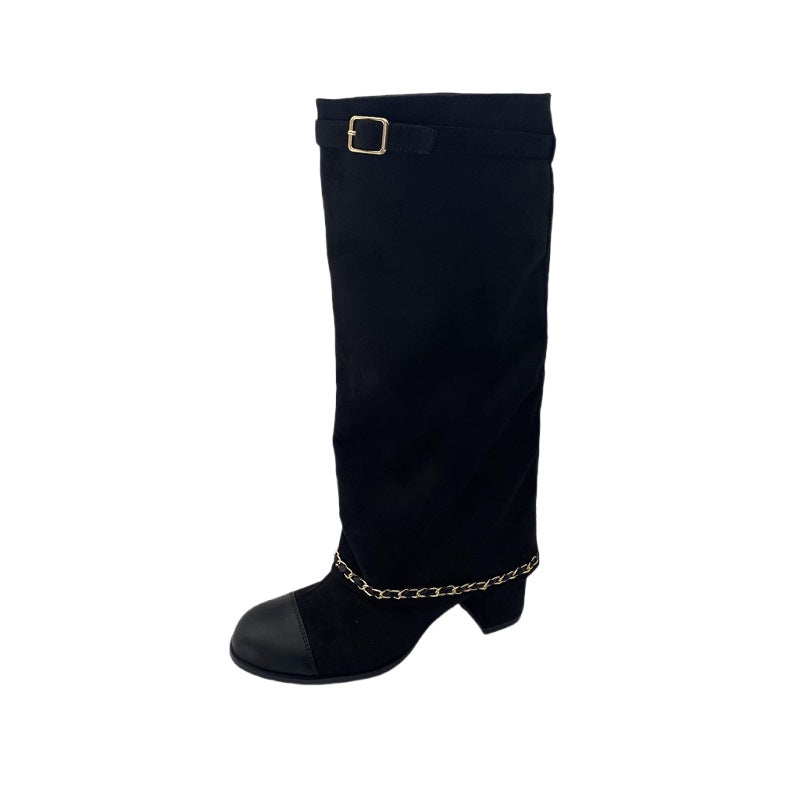 Chunky Knight Classic Style Round Toe High Leg Sleeve Women's Leather Boots