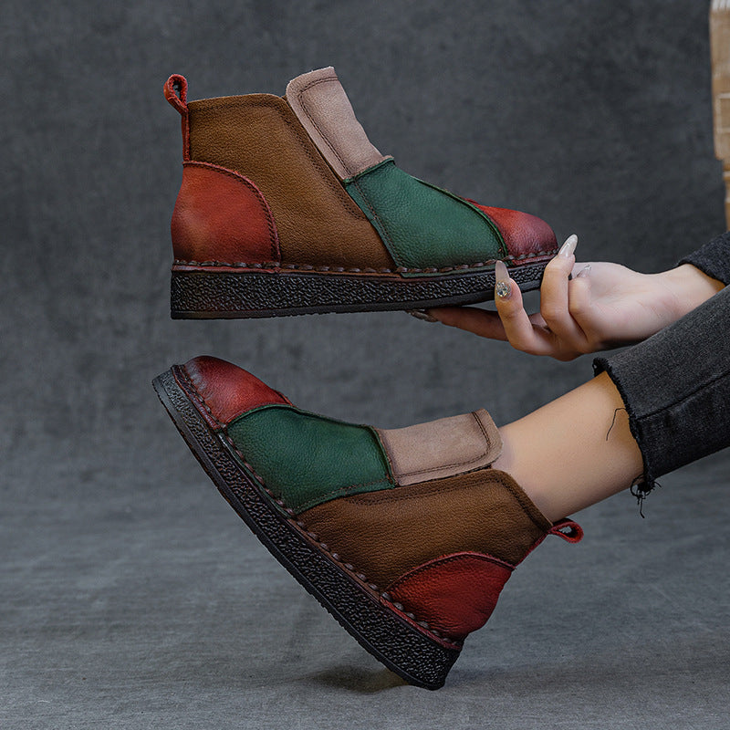 Women's Layer Cowhide Veet Warm Retro Contrast Color Short Tube Flat Boots