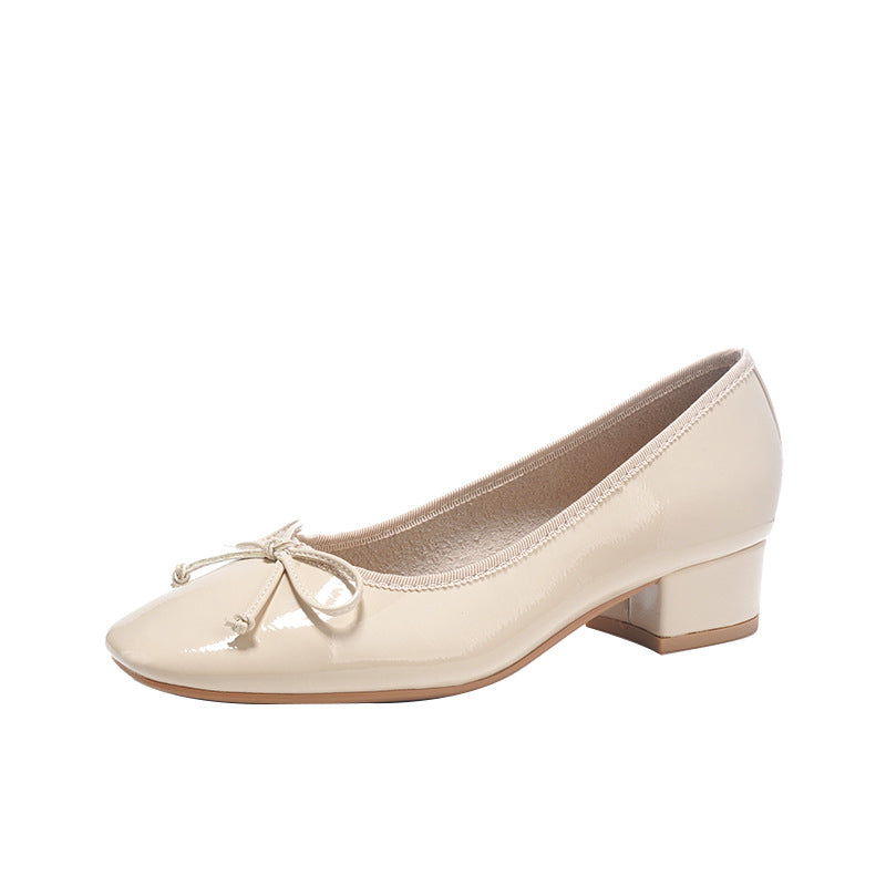 Women's Super Soft Bow Pumps Square Toe Chunky Mid Sweet Mary Heels