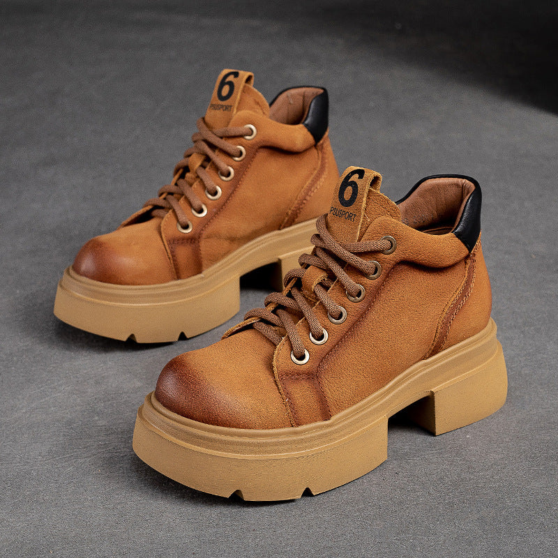 Women's Autumn Round Toe Solid Color Front Martin Versatile Fashion Platform Women's Leather Boots