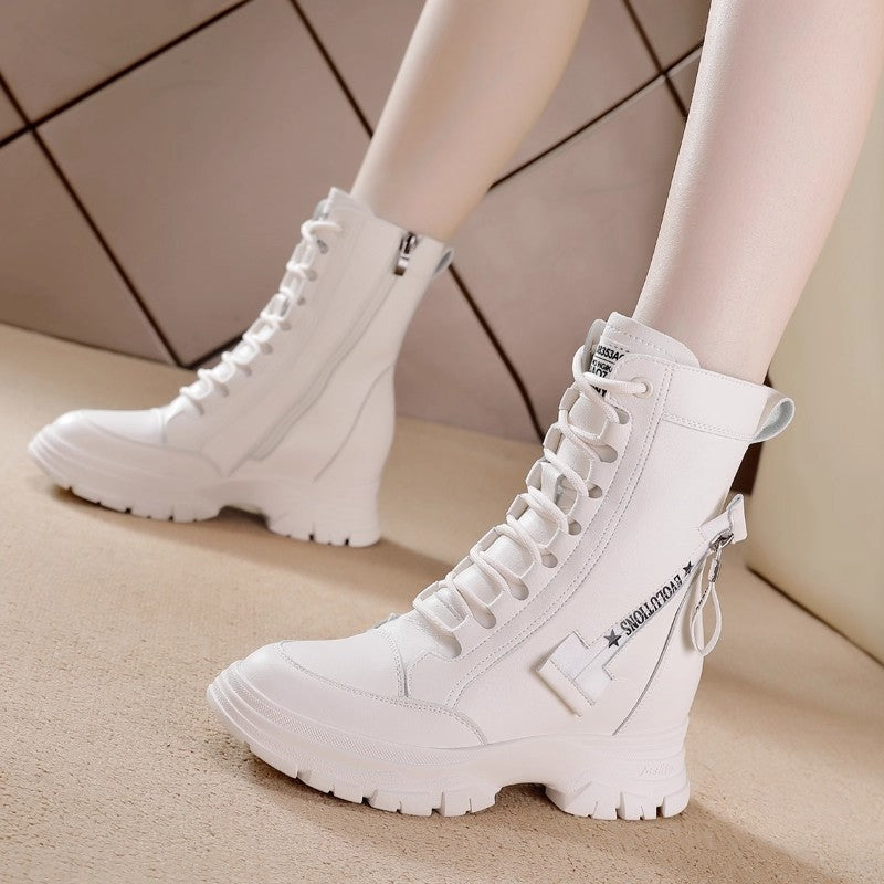 Women's Martin British Style Small Thick Bottom Height Increasing Insole Women's Leather Boots