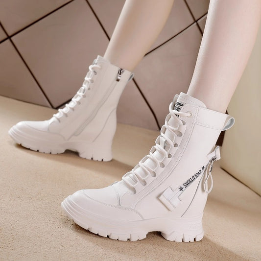 Women's Martin British Style Small Thick Bottom Height Increasing Insole Women's Leather Boots