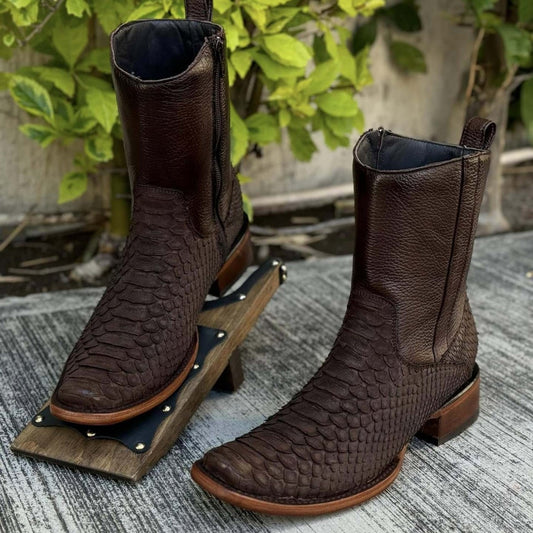 Men's Knight Crocodile Square Head Snake Pattern Men's Leather Boots