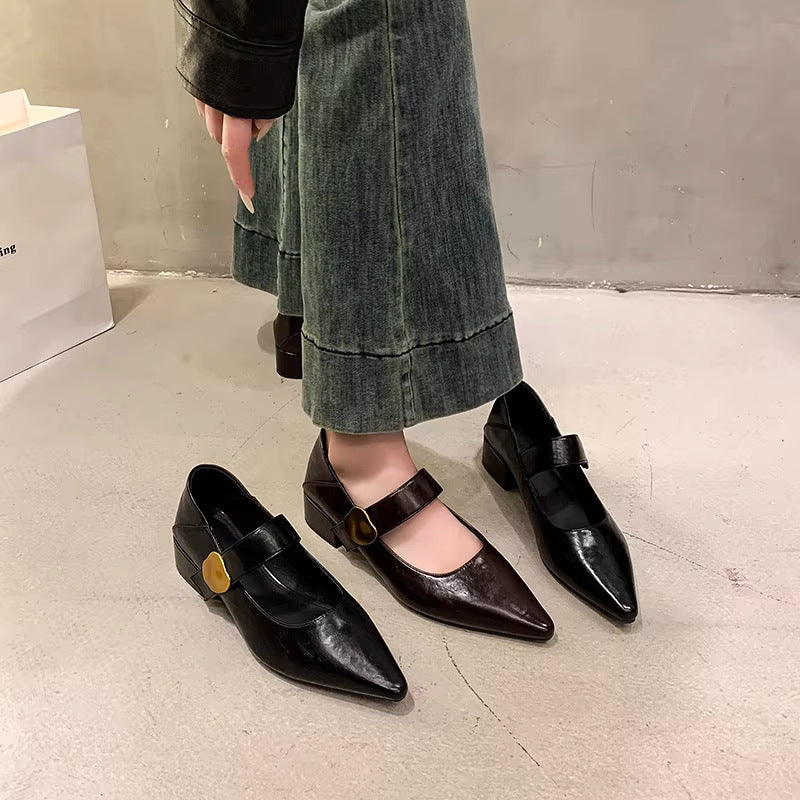 Women's Cowhide Mary Jane French Chunky Velcro Shallow Women's Fashion Shoes