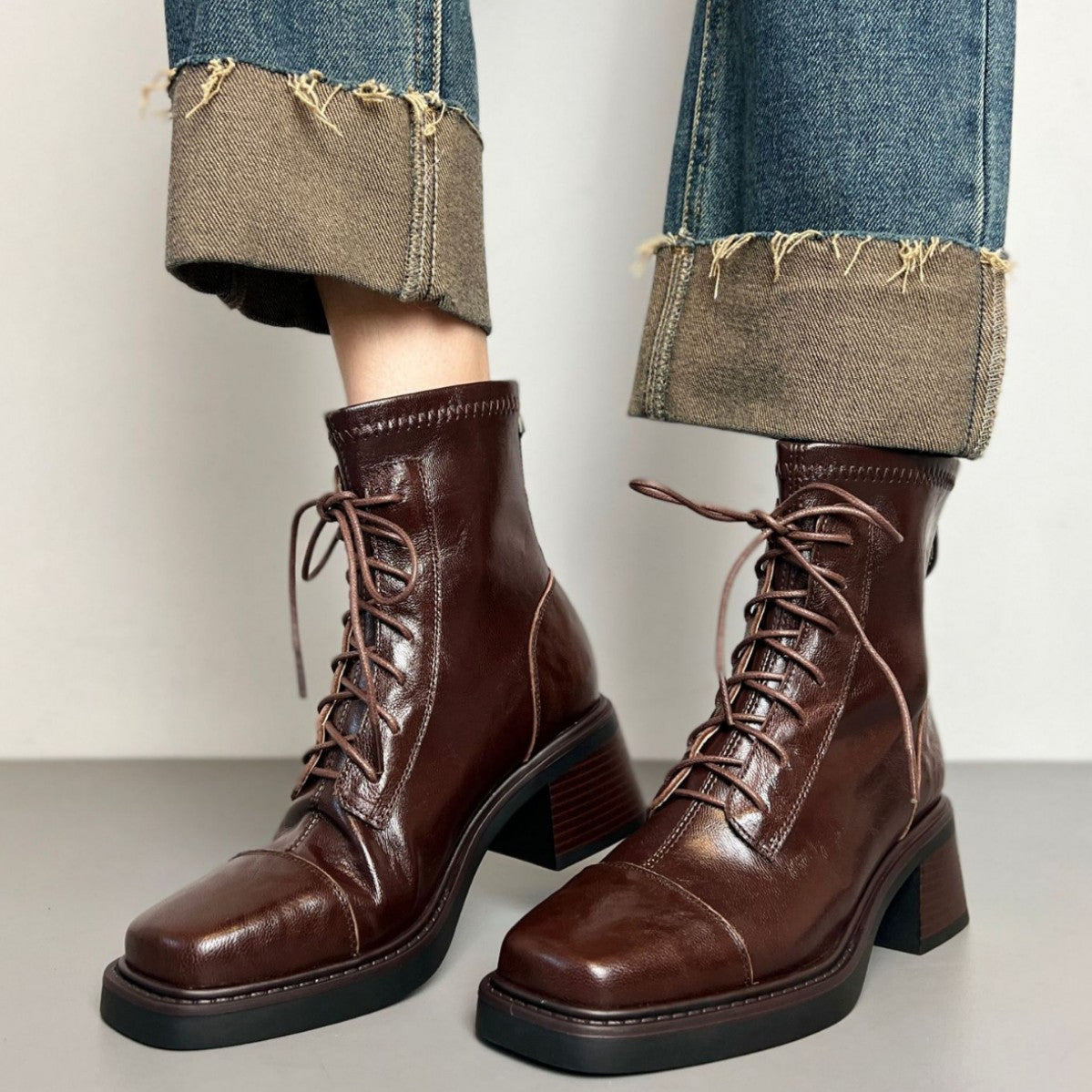 Version Martin Square Toe Chunky Short Waterproof Women's Leather Boots