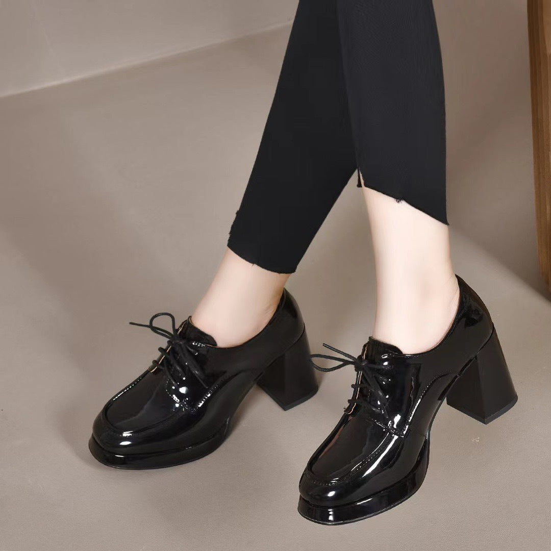 Women's Chunky Pumps Simple Pure Color Tied Western Style Patent Heels