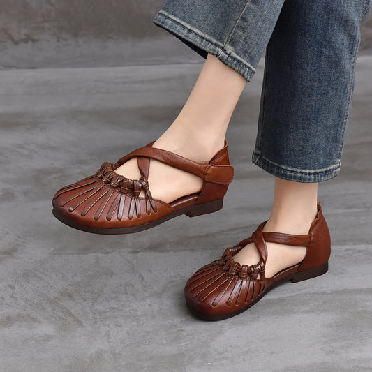 Women's British Round Head Genuine Woven Hollowed Comfortable Thick Hollow Flat Sandals