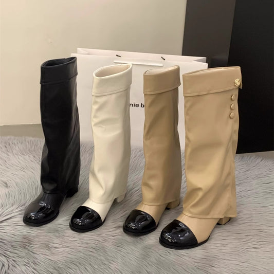 Women's High Stitching French Style Classic Long Pants Pile Women's Leather Boots