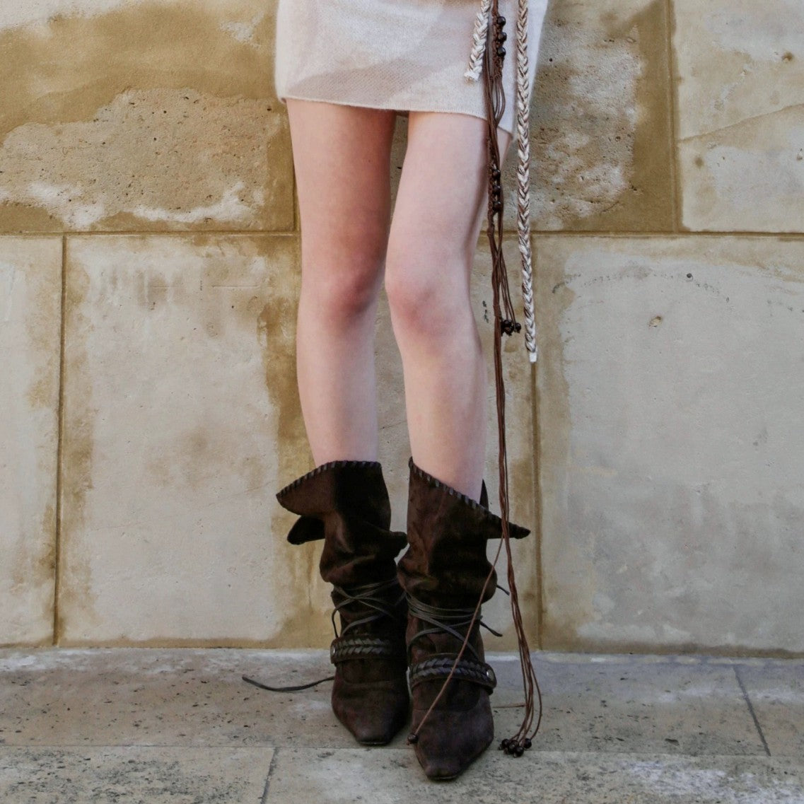 Women's Nomadic Niche Suede Square Toe High Western Cowboy Pleated Skinny Women's Leather Boots