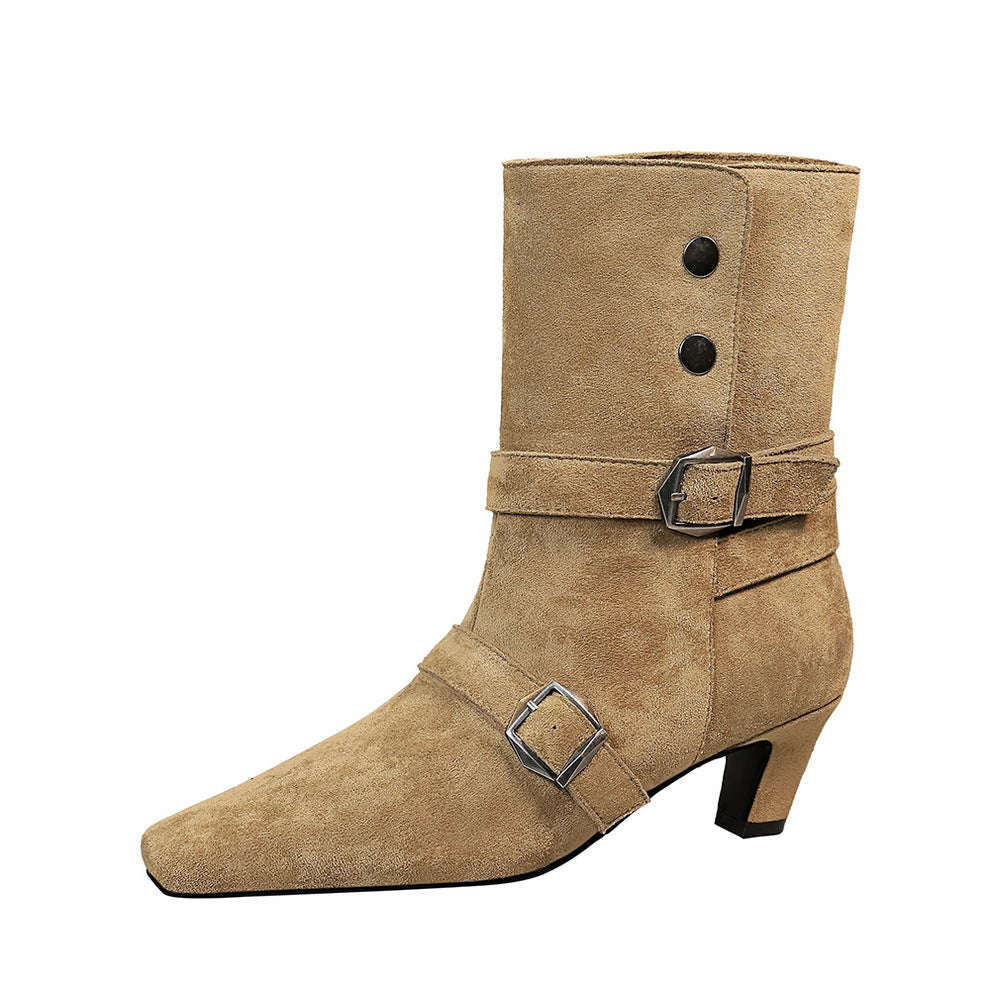 Women's Retro Design Fashion Square Toe Belt Buckle Minority Boots