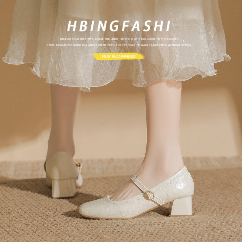 Women's French Gentle Pumps Female Chunky Square Toe Cheongsam Temperament Commute Heels