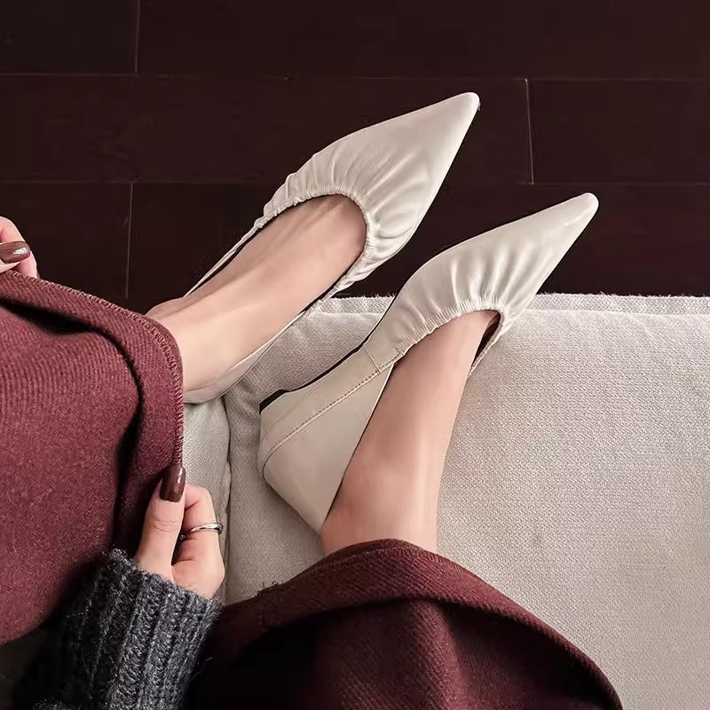 Sheepskin Sexy Pointed Pleated Soft Pumps Shallow Mouth Women's Fashion Shoes