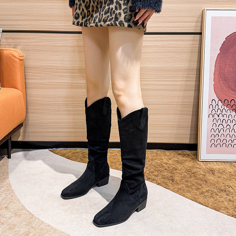 Style Retro Coffee Color Pile Western Cowboy High Leg Women's Leather Boots